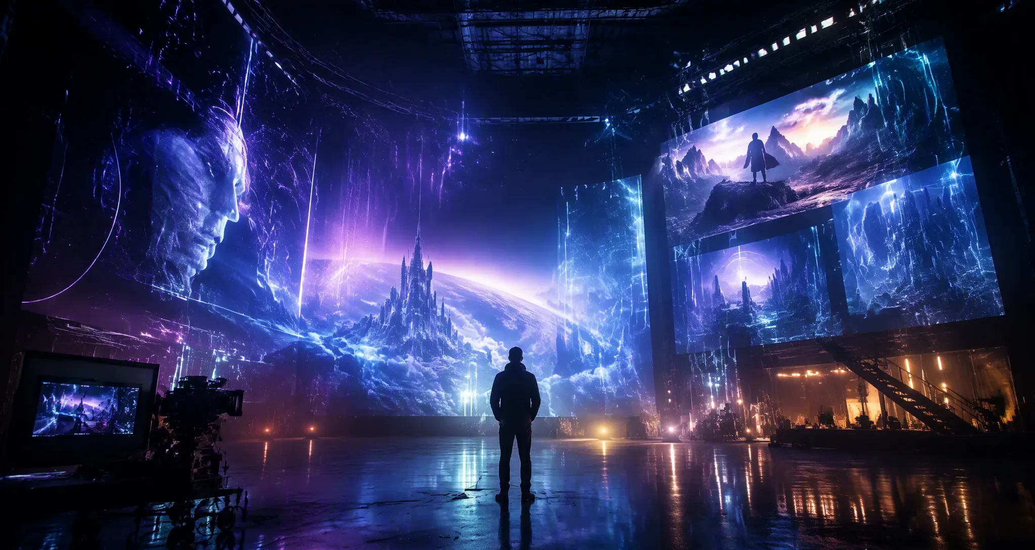 Blockbuster AI-generated cinematic world on a virtual production stage